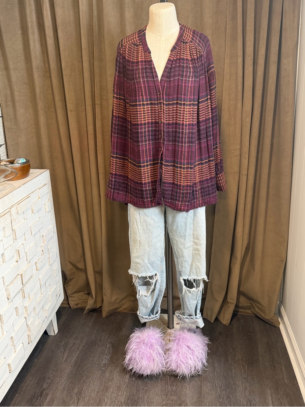 Free People Cream Knit Sweater with Multicolor Trim